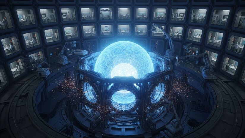 Dentro do reator, o deutério é transformado em plasma, um estado superquente formado por núcleos e elétrons