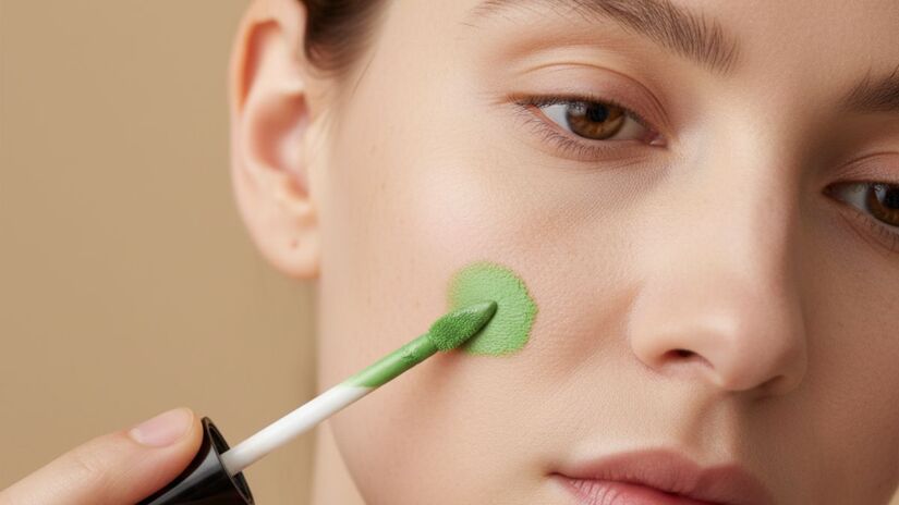 A cor verde neutraliza a cor vermelha, por isso é indicada para disfarçar vermelhidões, acne e vasinhos/ Gerado por IA/Gemini