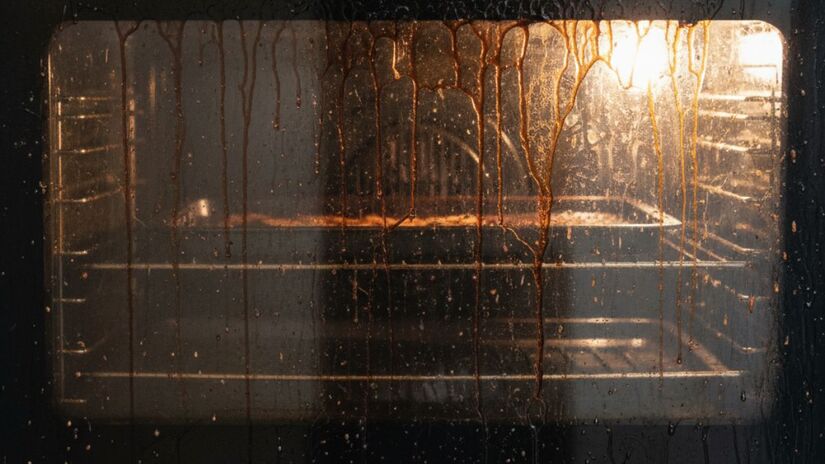 Vidro do forno com gordura e respingos incrustados  o tipo de sujeira que pode se acumular por semanas/ Gerado por IA/Gemini
