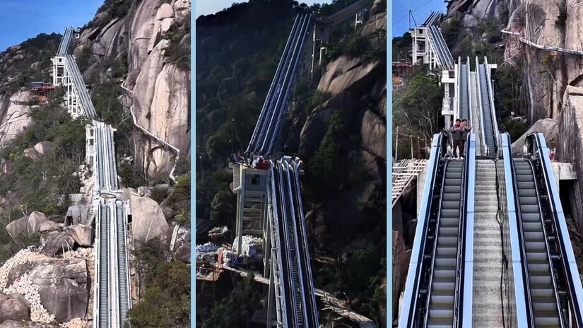 Escadas rolantes da "Escada para as Nuvens", na montanha de Lingshan, permitem aos visitantes alcançar o topo em cerca de 10 minutos/ Reprodução Youtube/South China Morning Post