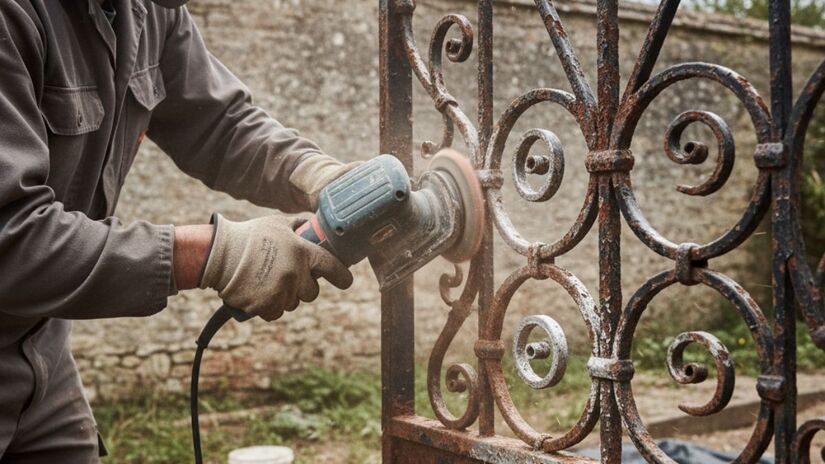 O primeiro passo é lixar, para eliminar completamente a oxidação antes da aplicação do fundo preparador/ Gerado por IA/Gemini