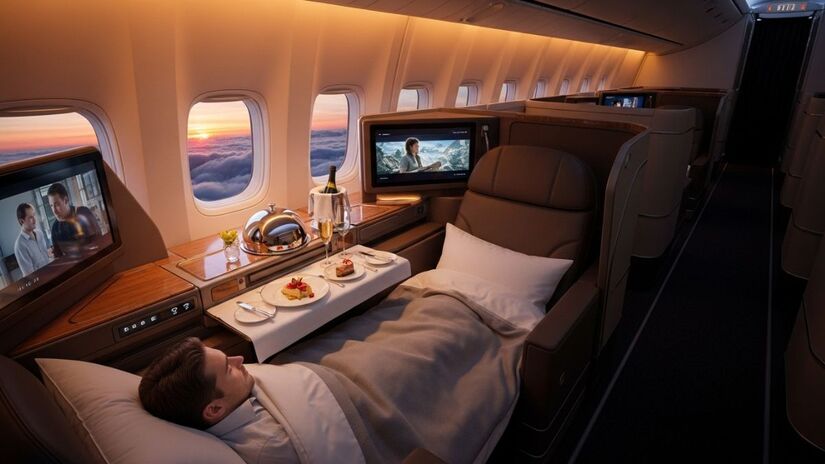 Os assentos da Business Class se convertem em camas completamente reclináveis, garantindo privacidade e sono confortável