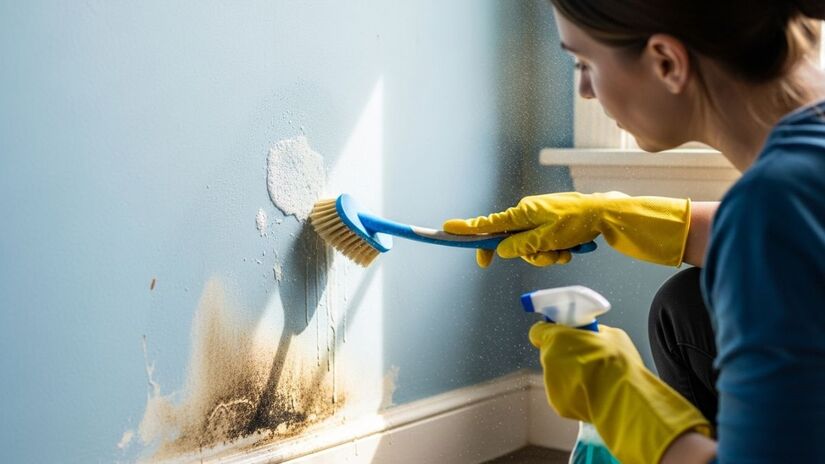 A aplicação envolve borrifar a solução, deixar agir, esfregar suavemente e limpar, com boa ventilação