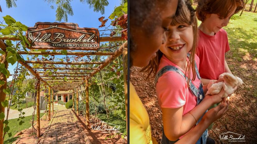 O complexo turístico Villa Brunholi reúne vinícola, restaurante e experiências rurais, oferecendo degustações, gastronomia italiana, cotato com animais e atividades para toda a família no coração da Rota da Uva/ Reprodução Facebook/Villa Brunholi