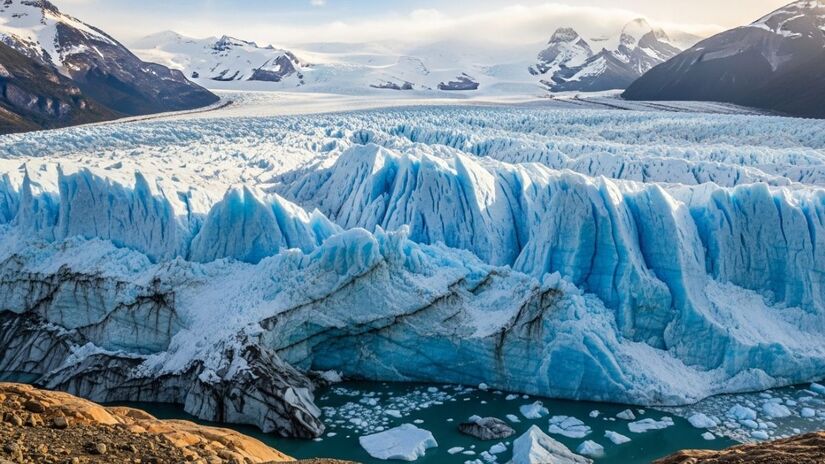 A zona de cisalhamento, onde o gelo se deforma, apresenta rupturas contínuas que aceleram o deslizamento do gelo para o oceano