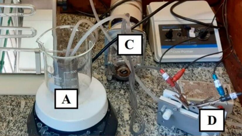 Sistema de laboratório que eliminou 92% do BPA presente em amostra de água contaminada - Foto: Alexandre Carneiro Cunha