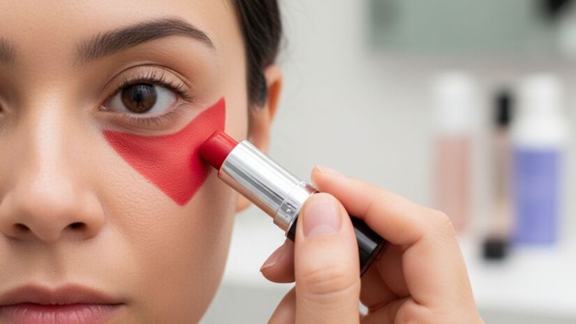 O vermelho neutraliza olheiras muito profundas em tons azulados ou esverdeados, especialmente em peles mais escuras/ Gerado por IA/Gemini