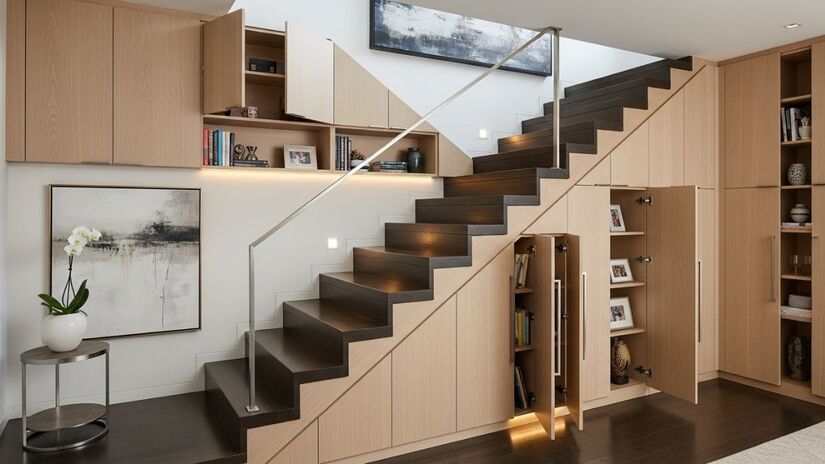 Armários também podem ser adicionados abaixo das escadas (Imagem Gerada por IA e meramente ilustrativa/Image FX)