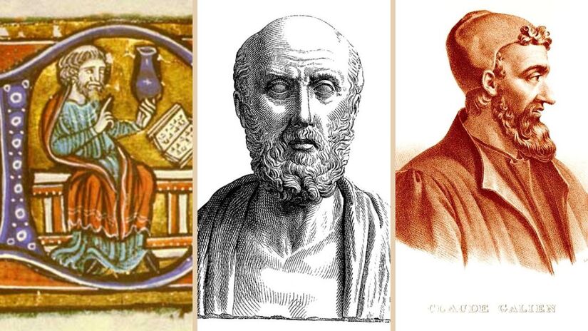 Hunayn ibn Ishaq, Hipócrates e Galeno, três nomes que simbolizam o intercâmbio cultural de Bagdá: Hunayn traduziu para o árabe os textos de Hipócrates e Galeno, preservando a medicina grega/ Domínio público