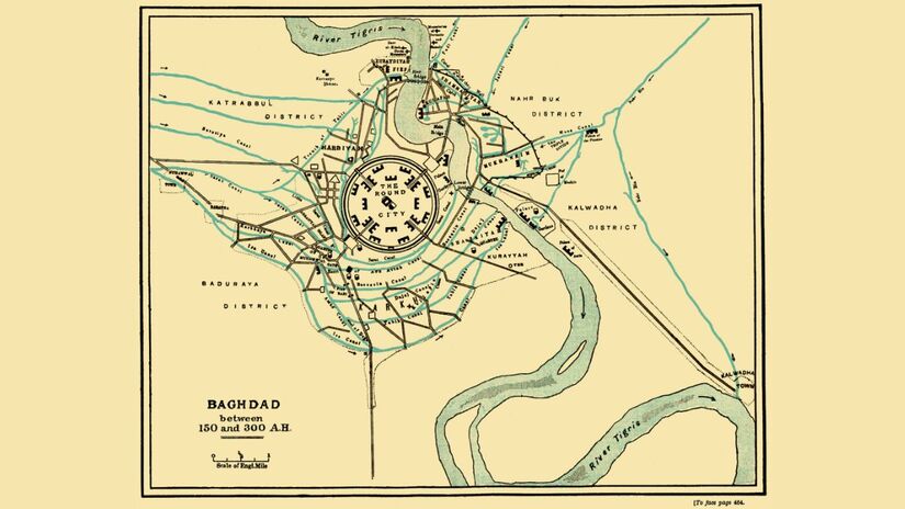 Mapa histórico de Bagdá (séculos VIIIIX), mostra o plano circular original da cidade, conhecida como "A Cidade Redonda", às margens do rio Tigre/ Domínio público