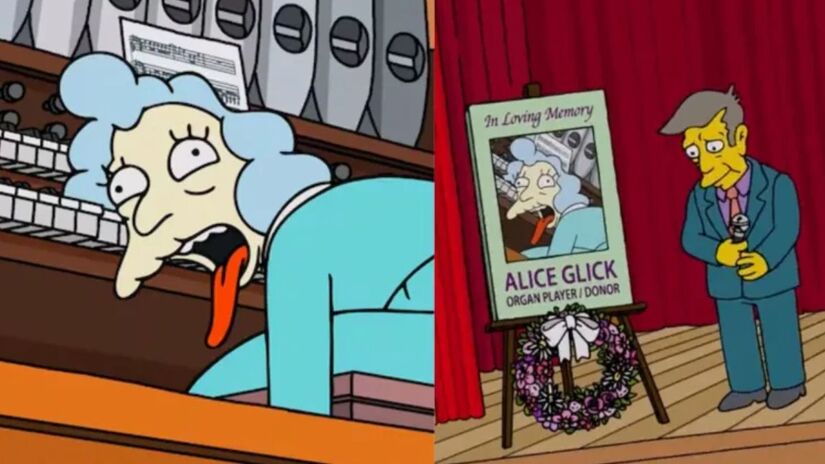 Durante um sermão na Primeira Igreja de Springfield, Alice Glick, organista do local, morreu repentinamente (20th Century Studios/Divulgação)