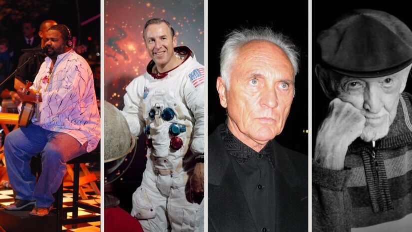 Agosto foi marcado por despedidas na música, na ciência, no cinema e no humor gráfico, com as mortes de Arlindo Cruz, do astronauta Jim Lovell, do ator Terence Stamp e do cartunista Jaguar/ As fotos da Virada!/NASA/Franz Richter/Wikimedia Commons/Reprodução Facebook/TV Brasil