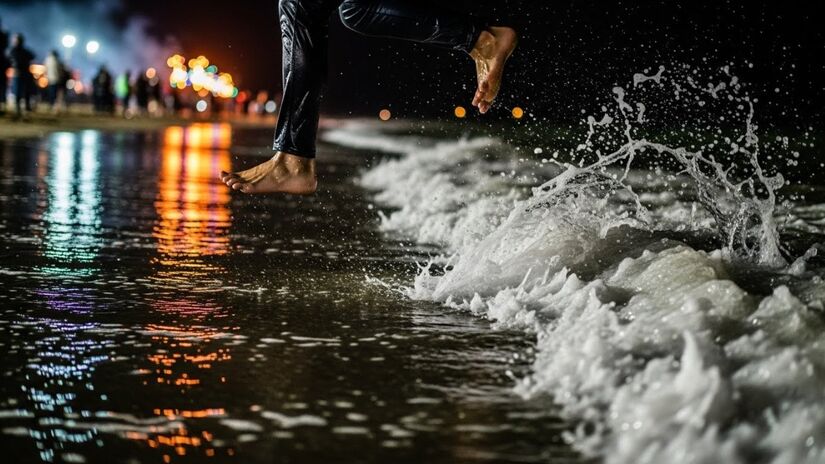Pular sete ondas, uma de cada vez, de frente para o mar / Imagem gerada por IA