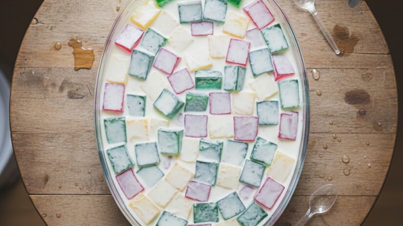 A gelatina colorida conquistou espaço pela aparência alegre e pelo preparo descomplicado. Muito comum em festas infantis, ela também aparece em almoços de família, sendo apreciada pela leveza e pela possibilidade de combinações de cores e sabores / Imagem ilustrativa gerada por IA