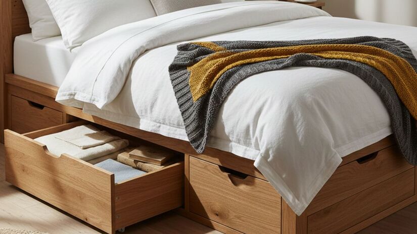 Cama com gavetas vem com compartimentos laterais ideais para guardar roupas de cama, sapatos ou objetos pessoais, mantendo tudo sempre à mão/ Gerado por IA/Gemini