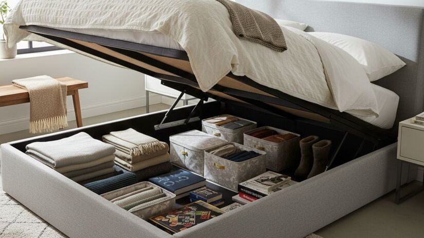 Já a cama box baú, com abertura superior, oferece um espaço interno amplo e discreto, perfeito para acomodar itens maiores e liberar espaço no armário/ Gerado por IA/Gemini