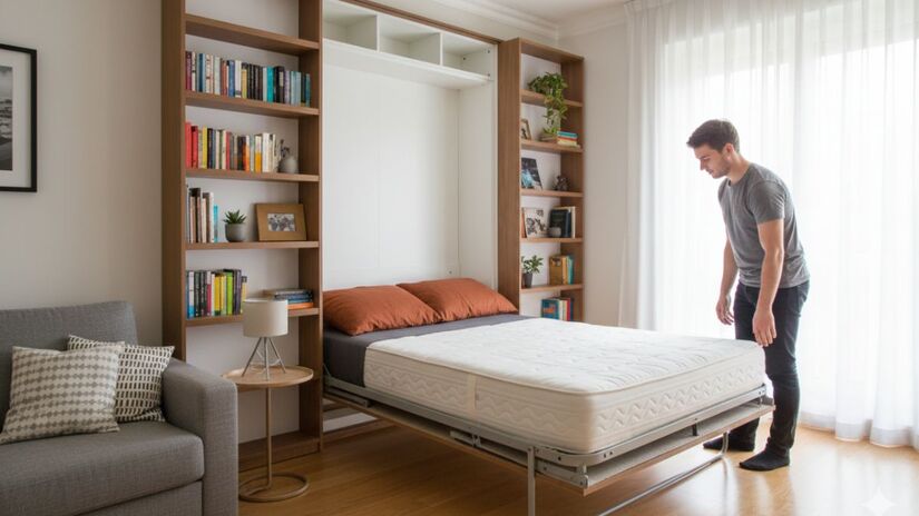 A cama retrátil de parede, também chamada de cama embutida, pode ser dobrada na vertical e deixa o ambiente livre durante o dia, sendo uma ótima opção para quem precisa de um espaço multifuncional/ Gerado por IA/Gemini