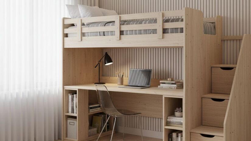 Por fim, a cama com escrivaninha é perfeita para quem estuda ou trabalha em casa, unindo conforto, funcionalidade e produtividade em um único móvel/ Gerado por IA/Gemini