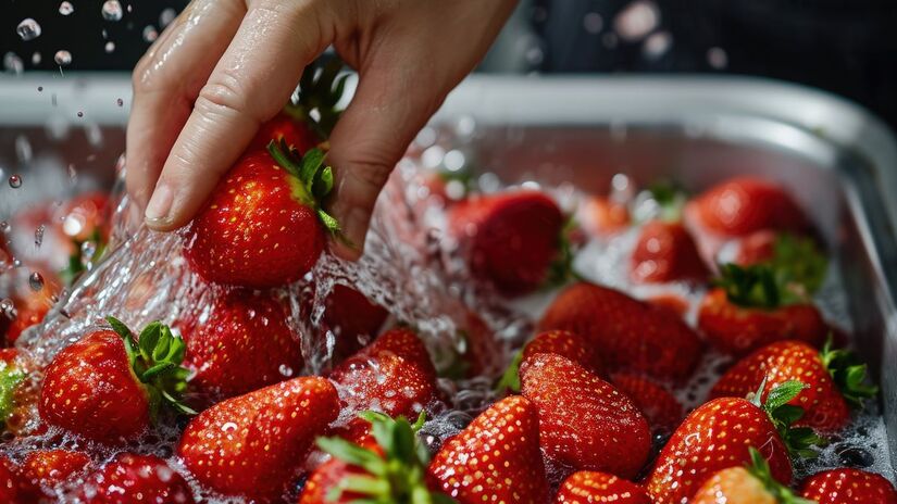 Higienização correta é essencial para remover resíduos e garantir morangos mais seguros para consumo/ Gerado por IA/Freepik