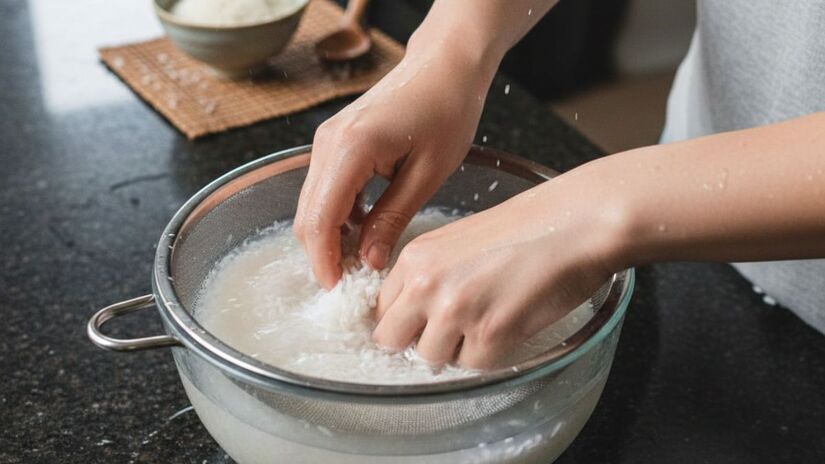 Enxaguar os grãos sob água corrente ajuda a remover o excesso de amido e deixa o arroz mais soltinho após o cozimento/ Gerado por IA/Gemini