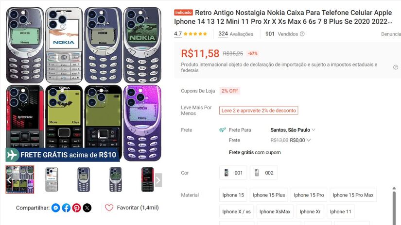 Capas que imitam celulares clássicos da Nokia se tornam as favoritas dos cariocas para disfarçar iPhones modernos e reduzir o risco de roubos. O visual retrô viralizou e já é vendido em diferentes modelos e cores/ Reprodução Shopee
