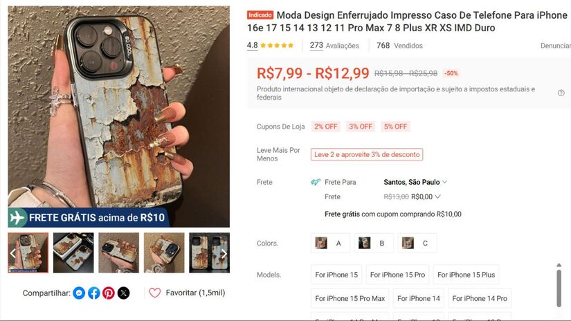 Com acabamento que simula tinta descascada e ferrugem, esse tipo de capa aposta no 'visual destruído' para fazer o smartphone parecer velho e sem valor. A tendência ganhou força nas redes como alternativa de proteção/ Reprodução Shopee