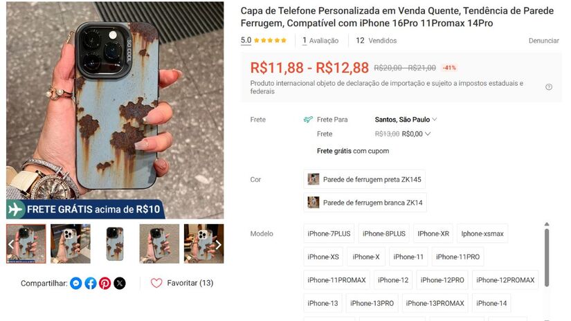 Acessórios com texturas realistas de parede enferrujada estão entre os disfarces mais buscados para quem quer que o celular passe despercebido. A estética desgastada ajuda a camuflar iPhones de última geração/ Reprodução Shopee