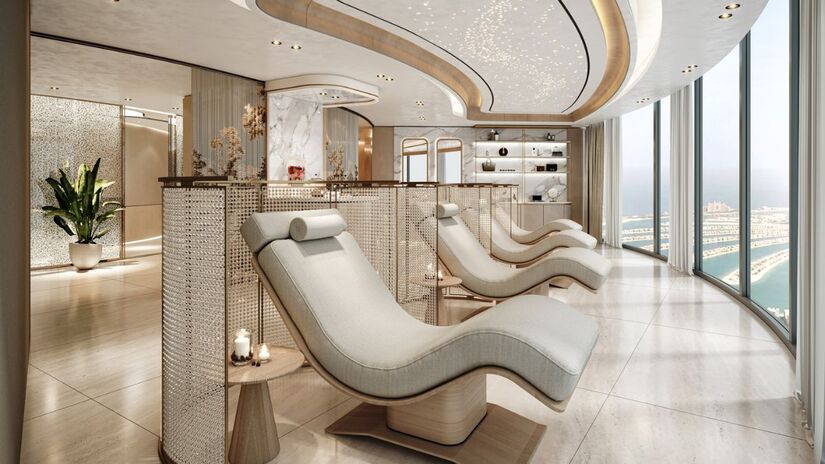 O spa do Ciel Dubai Marina combina design curvilíneo, iluminação suave e vistas de tirar o fôlego para criar uma experiência de relaxamento nas alturas/ Reprodução Ciel Dubai Marina