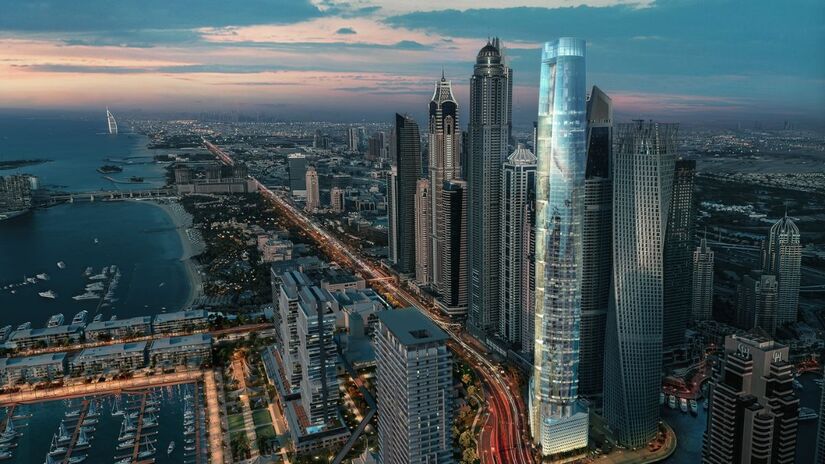 Com 377 metros de altura, o Ciel Dubai Marina domina o skyline e se torna o hotel mais alto do mundo, superando até arranha-céus residenciais da região/ Reprodução Ciel Dubai Marina