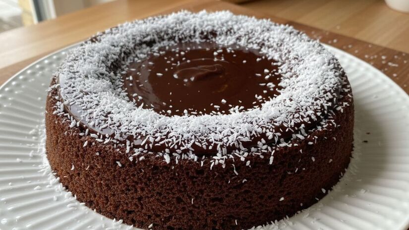 Coco ralado é uma opção clássica para finalizar o bolo piscina, trazendo contraste de textura e equilibrando o sabor intenso do chocolate/ Gerado por IA/Gemini
