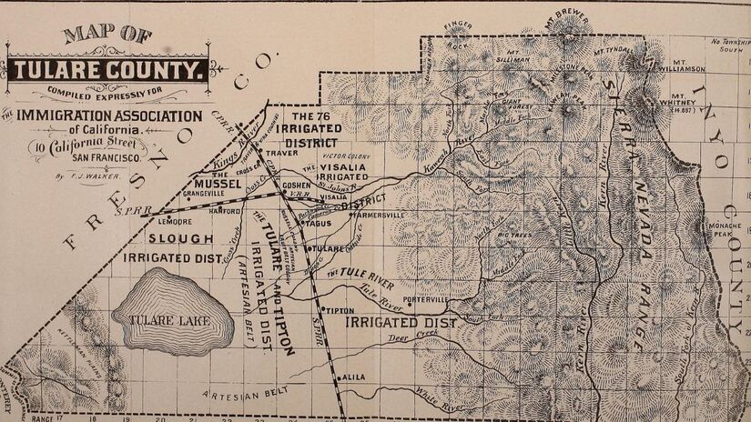Mapa de 1885 mostra a extensão original do lago Tulare antes da drenagem que transformou a região em uma das maiores áreas agrícolas da Califórnia/ Immigration Association of California/Domínio Público