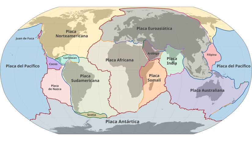 As placas tectônicas são enormes blocos de rocha que formam a camada mais externa da Terra, chamada de crosta. Elas se encaixam como peças de um quebra-cabeça e cobrem todo o planeta. No mapa é possível ver as as principais placas tectônicas do planeta/ M.Bitton/Wikimedia Commons