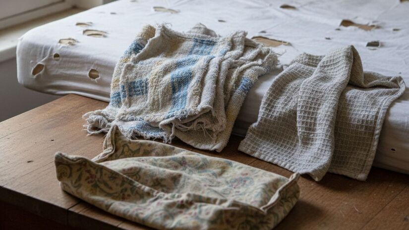 Têxteis muito gastos, incluindo toalhas puídas, lençóis furados, panos de prato deformados e almofadas sem volume/ Gerado por IA/Gemini