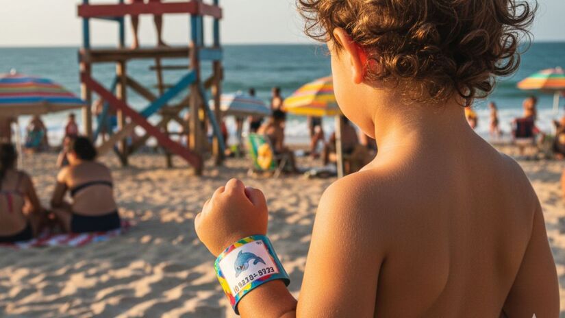 O uso de pulseiras de identificação com o contato dos responsáveis é a ferramenta mais eficaz para garantir que um reencontro aconteça rapidamente em praias lotadas/Gemini
