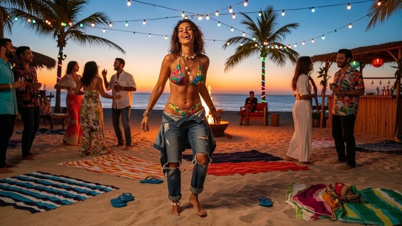 5. Biquíni além da areia: O biquíni ganhou espaço fora da praia e aparece como top em produções despojadas. Com jeans amplo ou peças de cintura baixa, o visual fica moderno e descontraído. Esse tipo de composição agrada quem gosta de ousar um pouco mais, sem abrir mão do conforto / ImageFX