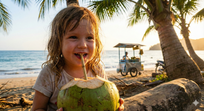 As crianças desidratam mais rápido no calor, portanto, ofereça bastante líquido, como a água de coco.