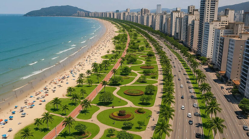 10&ordm; lugar: A maior orla urbanizada do Brasil em Santos Fechando o top 10 com 1 milhão de acessos, a homenagem aos jardins e aos 7 km de extensão da orla santista reforçou o orgulho local. (Imagem gerada por IA)