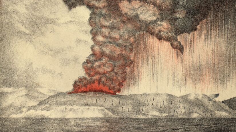 A erupção do Krakatoa em 1883 gerou explosões tão intensas que foram ouvidas a cerca de 2 mil quilômetros / Lithografia Parker & Coward, Britain / Wikimedia Commons