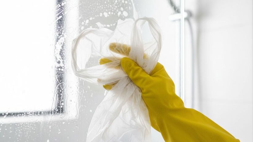 Uma das utilizações que estão se tornando mais populares é a limpeza de boxes de vidro, onde o material das sacolas cria uma fricção suave sobre a superfície (Google Gemini/Imagem Gerada por IA)