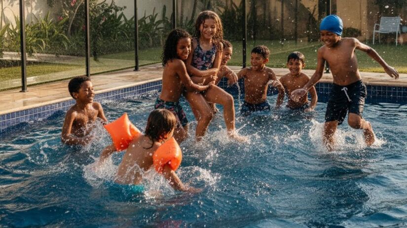 Nunca deixe brinquedos espalhados na beira ou dentro da piscina após o uso pois eles funcionam como iscas que atraem crianças pequenas para a área de perigo sem supervisão/Gemini