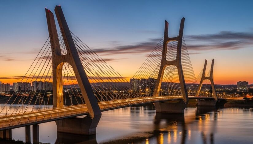 A estrutura impressiona: são 1,2 mil metros de extensão (dados oficiais mais usados) que se destacam pela forma assimétrica e pelos três arcos metálicos inclinados  marca registrada do monumento / ImageFX