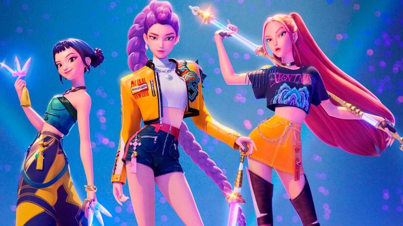 Ícones do K-pop fictício, as integrantes do grupo Huntrix usam suas vozes como arma para proteger o mundo humano de forças sobrenaturais. Divulgação/Netflix