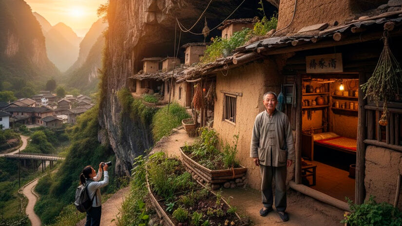 Mesmo sem tecnologia moderna, a caverna mantém temperatura estável durante o ano inteiro, ficando fresca no verão e aquecida no inverno graças às paredes de pedra. Imagem de IA