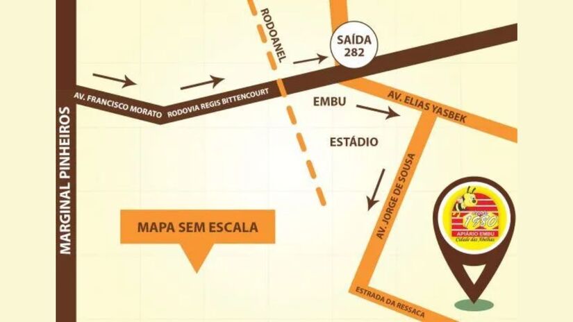 Mapa ilustrativo indica como chegar à Cidade das Abelhas, em Embu das Artes, com acesso facilitado pelo Rodoanel e pela Rodovia Régis Bittencourt, pela Estrada da Ressaca/ Reprodução Cidade das Abelhas