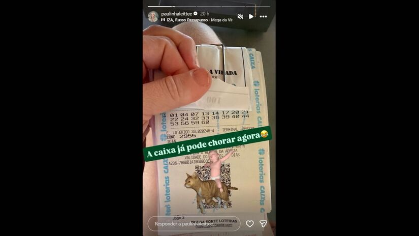 Bilhete da aposta com 20 números feito por Paulinha, acompanhado da provocação 'A Caixa já pode chorar agora'/ Reprodução Instagram/@paulinhaleittee
