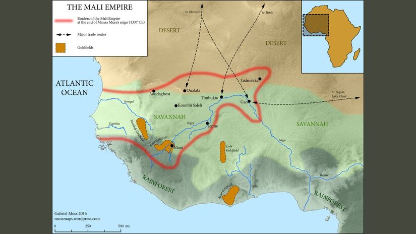 Mapa do Império do Mali  A extensão territorial do Mali no século 14 revela o controle das rotas transaarianas e das principais regiões produtoras de ouro, base da riqueza que sustentou o reinado de Mansa Musa/ Gabriel Moss/Wikimedia Commons