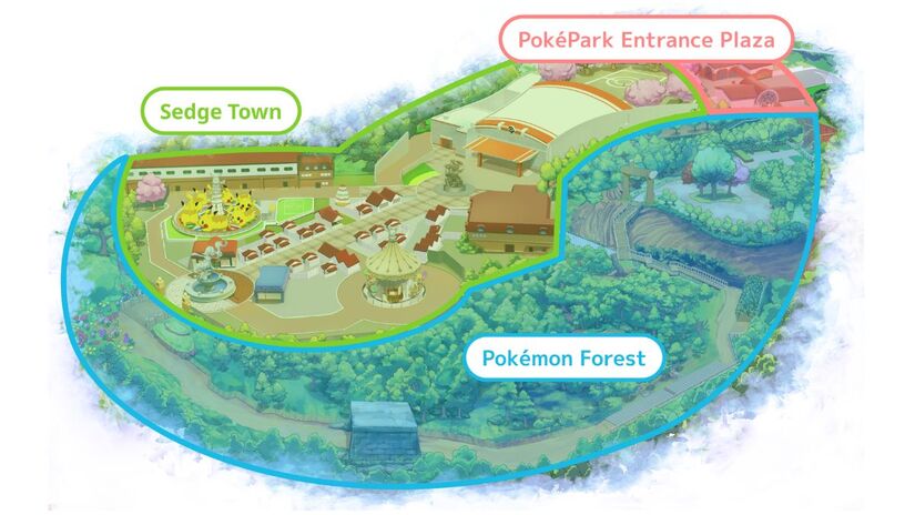 Mapa oficial do PokéPark KANTO apresenta a divisão do parque entre a Floresta Pokémon, Sedge Town e a área de entrada, facilitando a navegação dos visitantes/ Divulgação PokéPark Kanto
