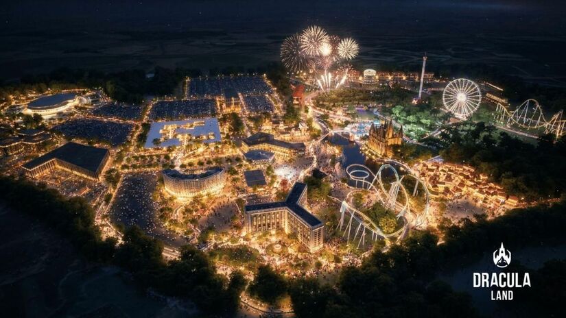 Visão aérea do complexo Dracula Land, que ocupará 160 hectares e reunirá parque temático, hotéis, arena e áreas de entretenimento na Romênia/ Divulgação Dracula Land