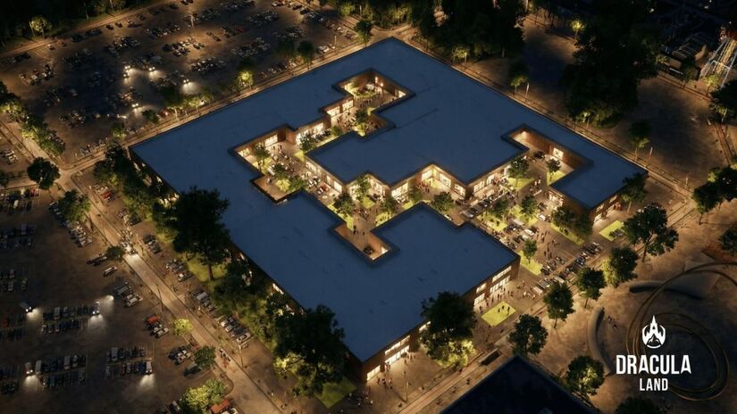 Estrutura do Luxury Outlet e zonas comerciais, parte do polo de luxo e bem-estar que contará com mais de 70 marcas internacionais e áreas de convivência/ Divulgação Dracula Land