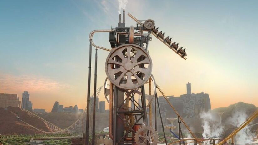 Iron Rattler: considerada a montanha-russa do tipo "tilt" mais alta do planeta, com 63,4 metros de altura, a atração se destaca por um trecho de trilho que inclina verticalmente a 90 graus antes de liberar o carrinho para o restante do percurso/ Divulgação Six Flags Qiddiya City
